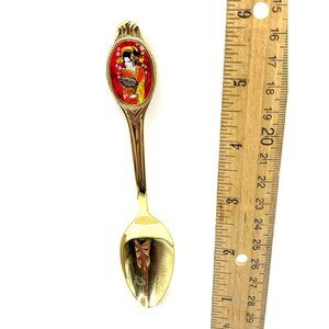 Gold-Plated Japan Souvenir Spoon With Geisha Design & Red Background B152